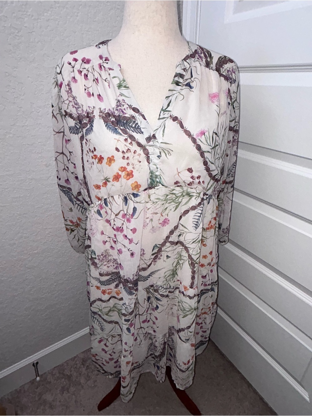 New, FAIRHOPE Floral Feather Print Ruffle Tier Tunic Cottage Long Sleeve Dress